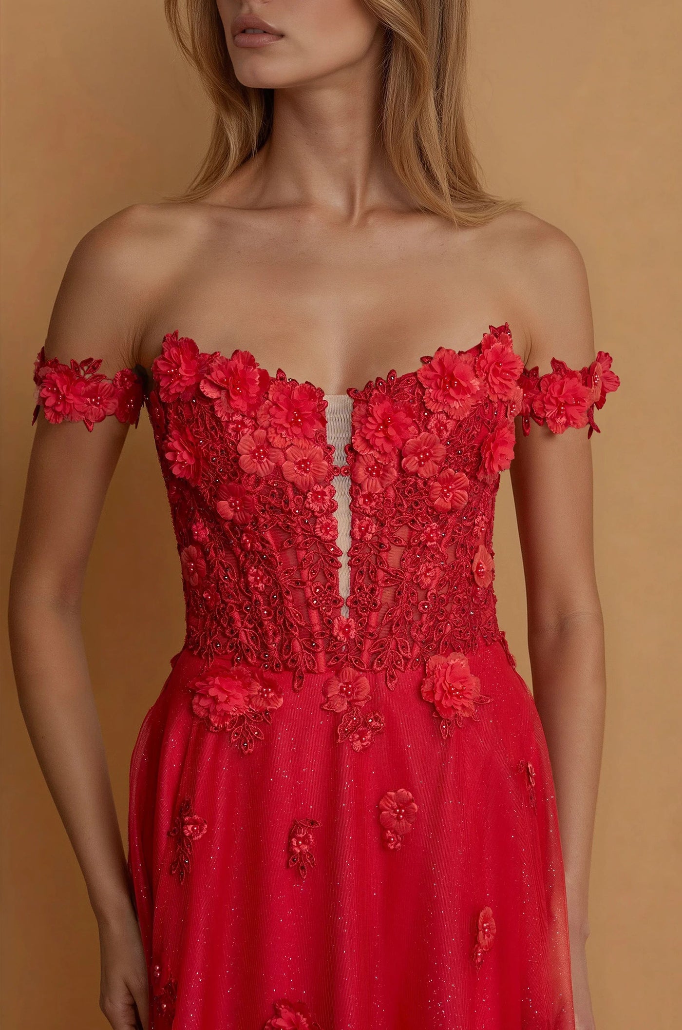 Prom Dresses Long Lace Prom Gown With Detachable Sleeves Red