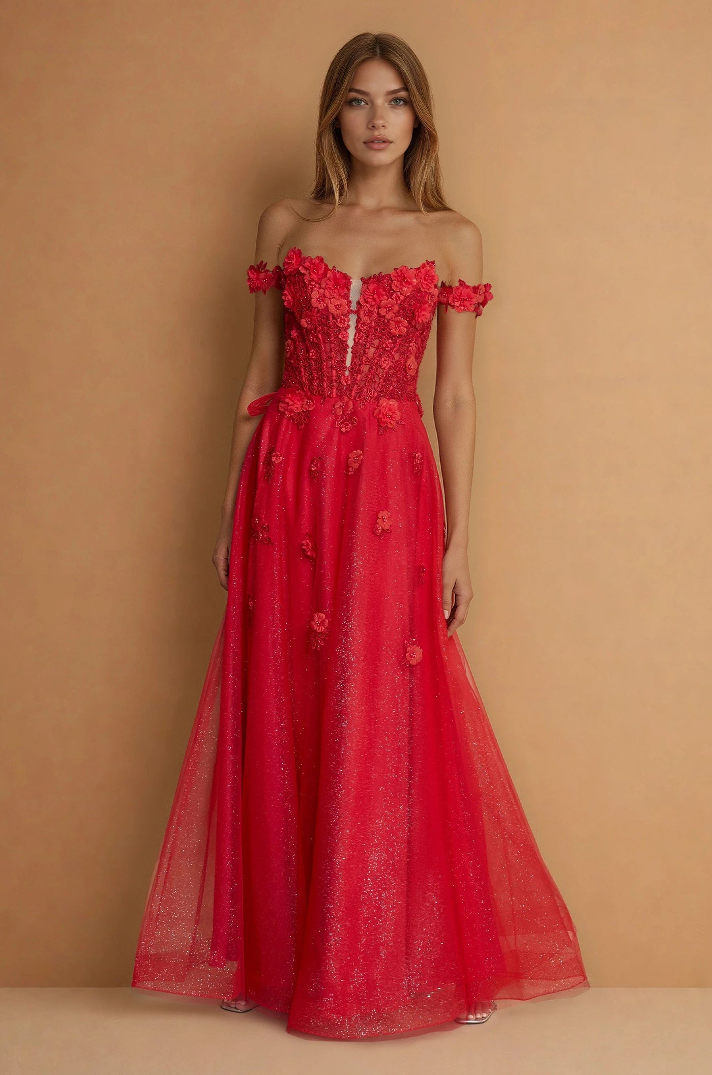 Prom Dresses Long Lace Prom Gown With Detachable Sleeves Red