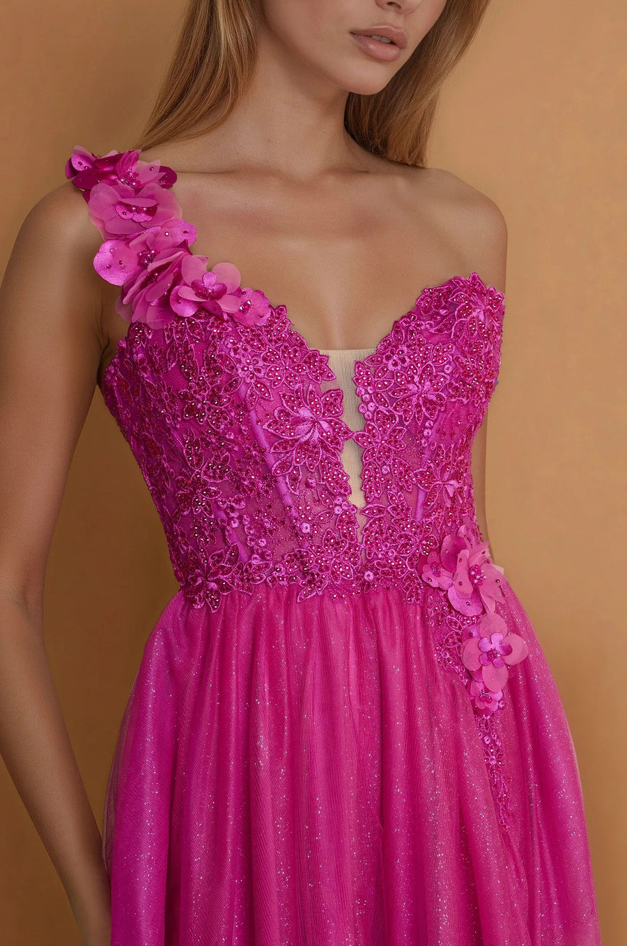 Prom Dresses One Shoulder Lace Prom Ball Gown  Fuchsia