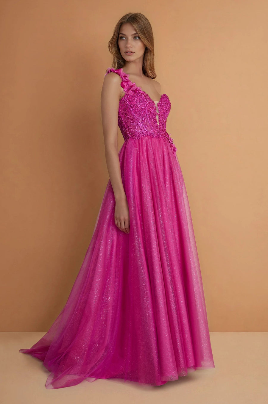 Prom Dresses One Shoulder Lace Prom Ball Gown  Fuchsia