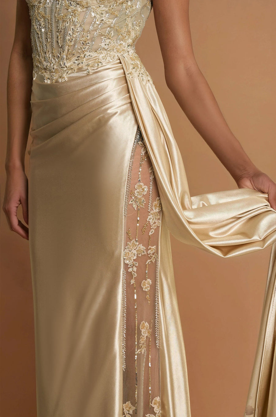 Prom Dresses Long Corset Prom Dresss with Beaded Drape Slit  Champagne