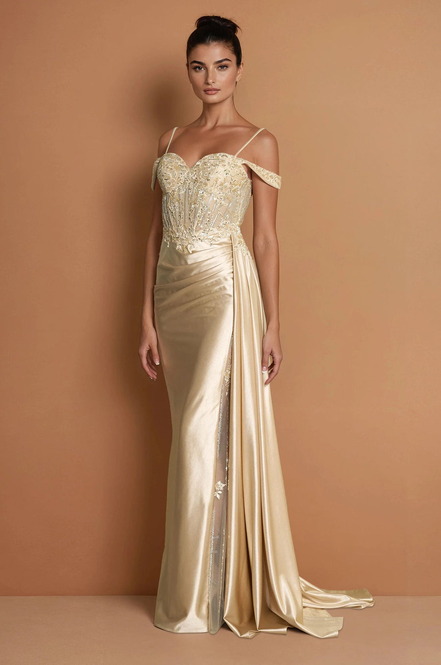 Prom Dresses Long Corset Prom Dresss with Beaded Drape Slit  Champagne