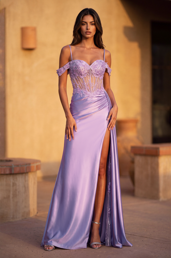 Long Corset Prom Dresss with Beaded Drape Slit Wholesale