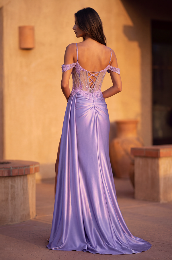 Long Corset Prom Dresss with Beaded Drape Slit Wholesale
