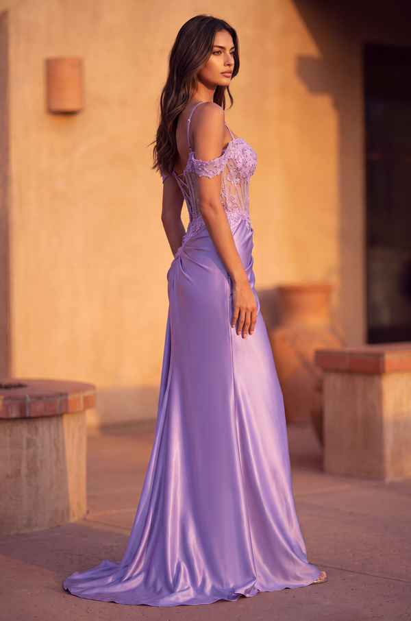 Long Corset Prom Dresss with Beaded Drape Slit Wholesale