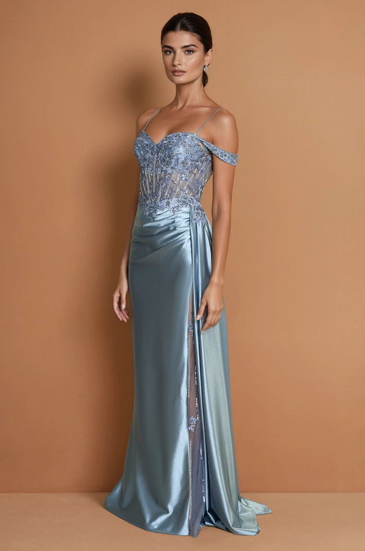 Prom Dresses Long Corset Prom Dresss with Beaded Drape Slit  Periwinkle