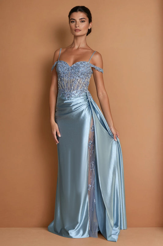 Prom Dresses Long Corset Prom Dresss with Beaded Drape Slit  Periwinkle
