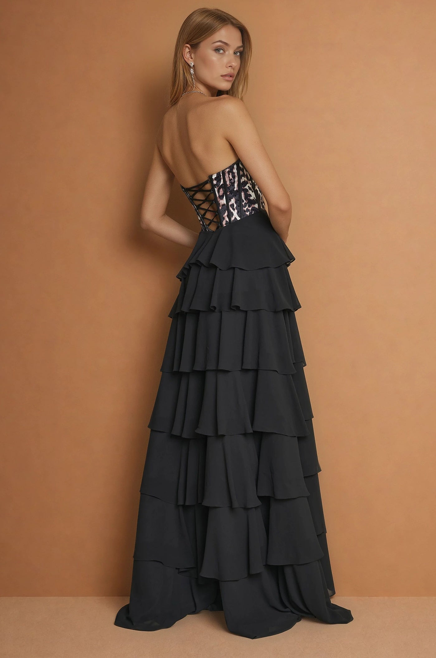 Formal Dresses Corset Lepord Print Formal Party Dress Black