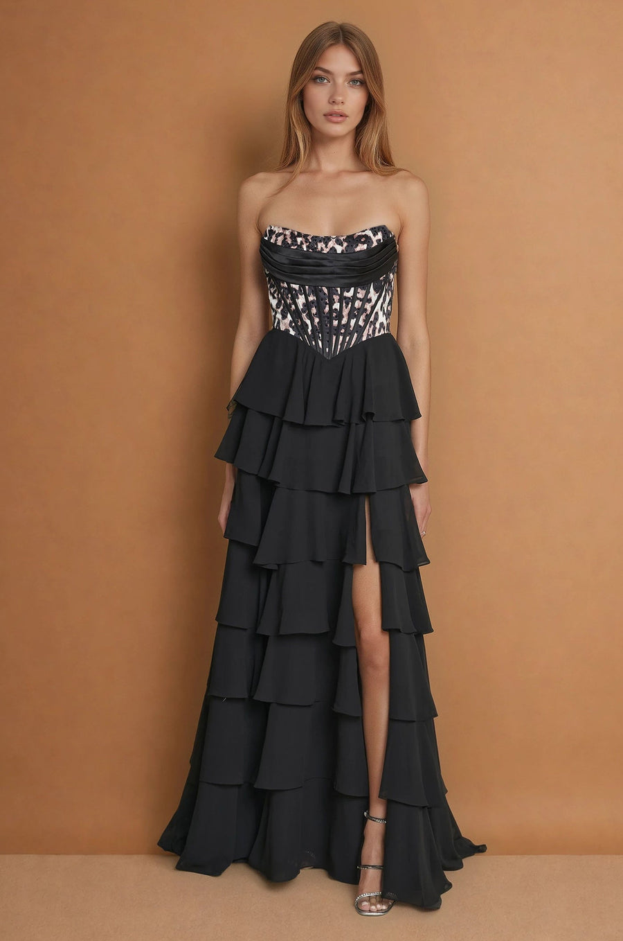 Formal Dresses Corset Lepord Print Formal Party Dress Black