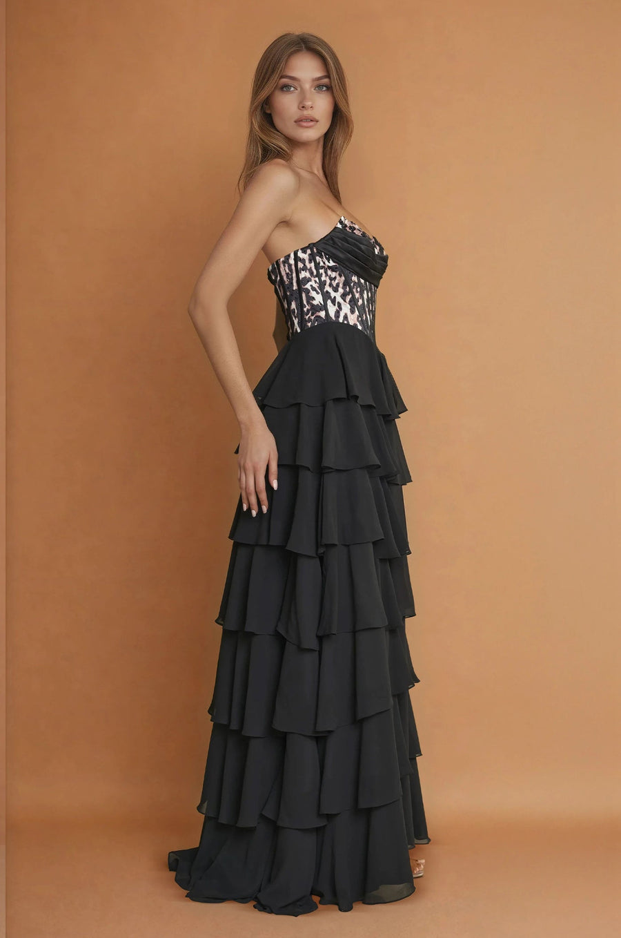 Formal Dresses Corset Lepord Print Formal Party Dress Black
