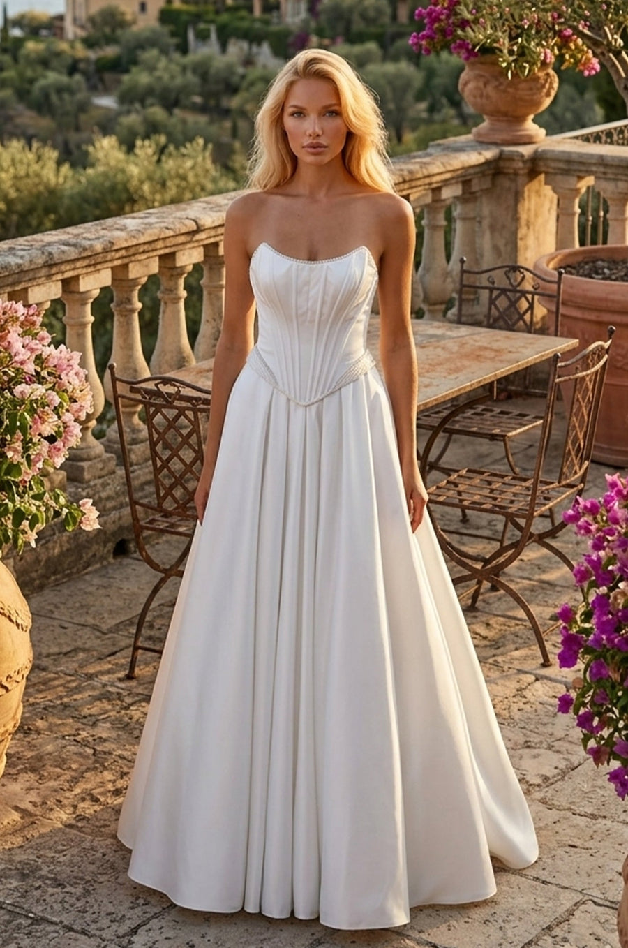 Long Strapless Satin A Line High Slit Pocket Wedding Dress Ivory