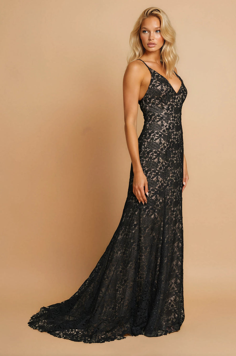 Formal Dresses Long Lace Fitted Dormal Black Tie Dress Black/Nude
