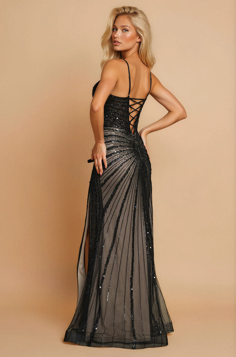 Prom Dresses Fitted Long Formal Sequin Prom Dress Black / Nude