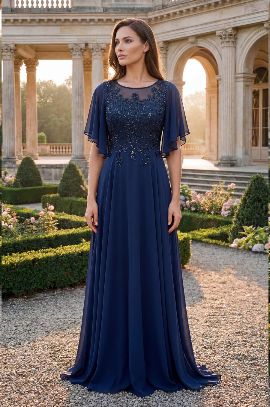 V-Neck Long Chiffon Mother of the Bride Dress Navy