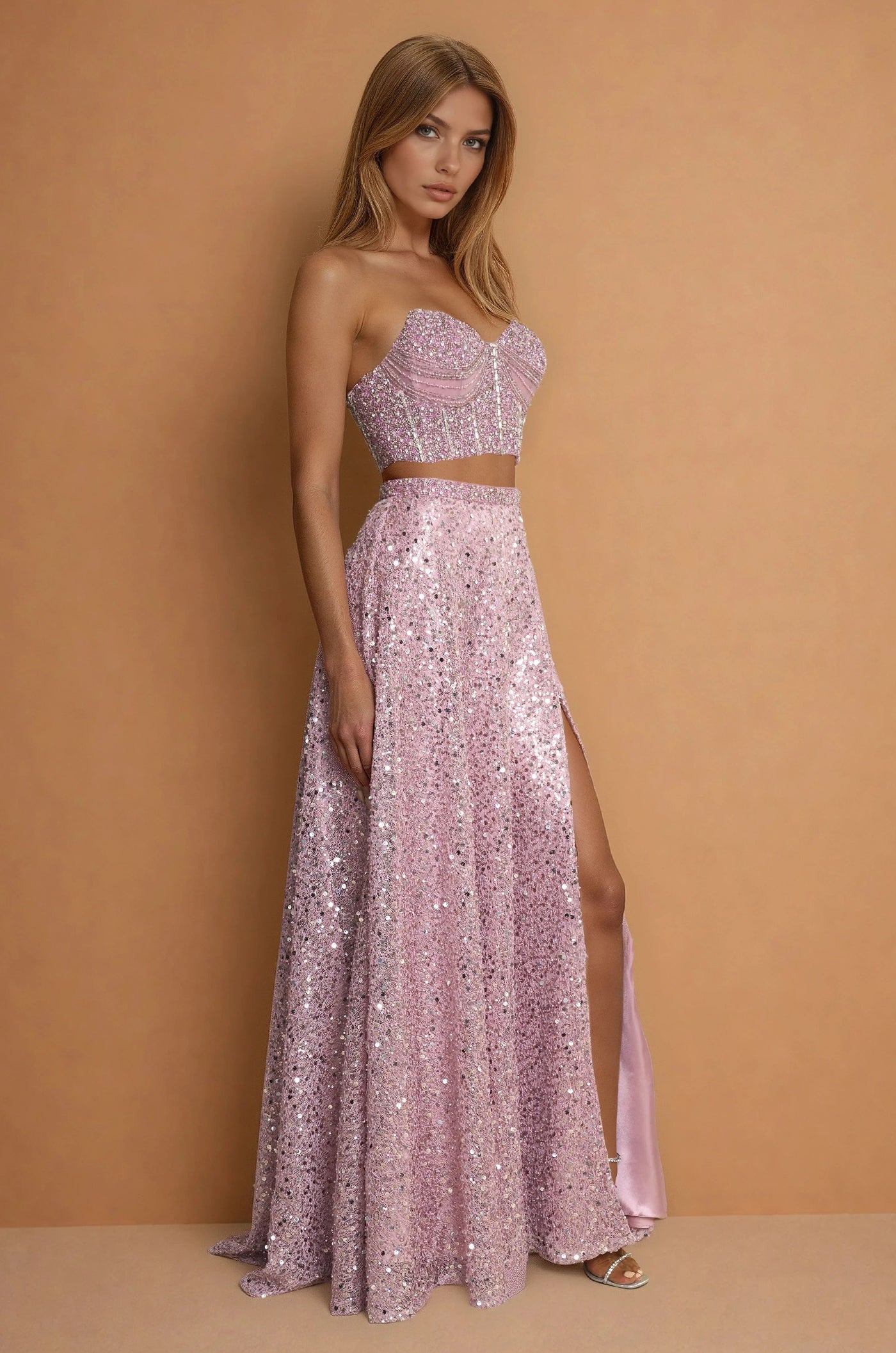 Prom Dresses Two Piece Fully Beaded Corset Prom Dress Mauve