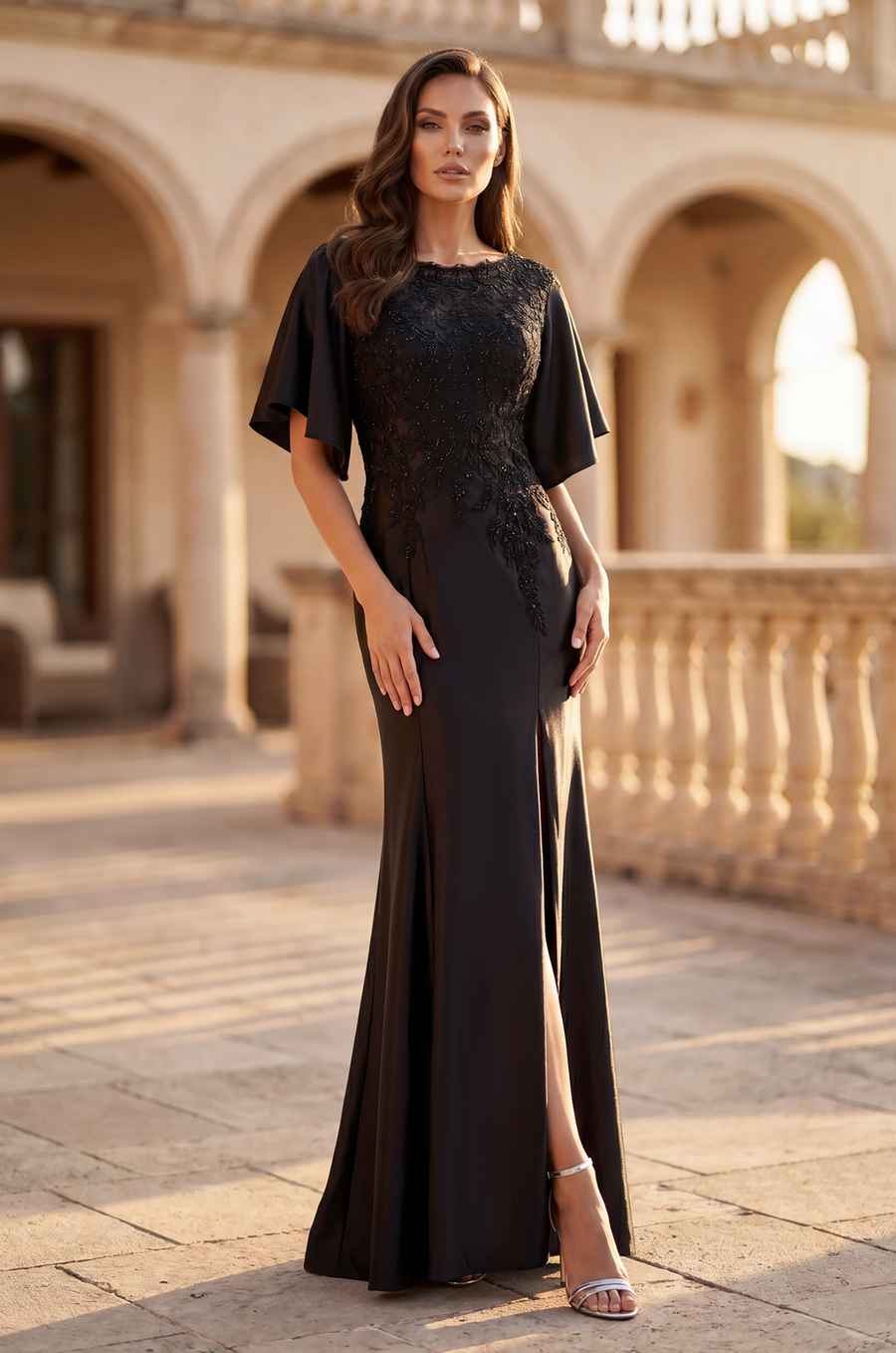 Lace Applique Flutter Sleeve Evening Gown Wholesale