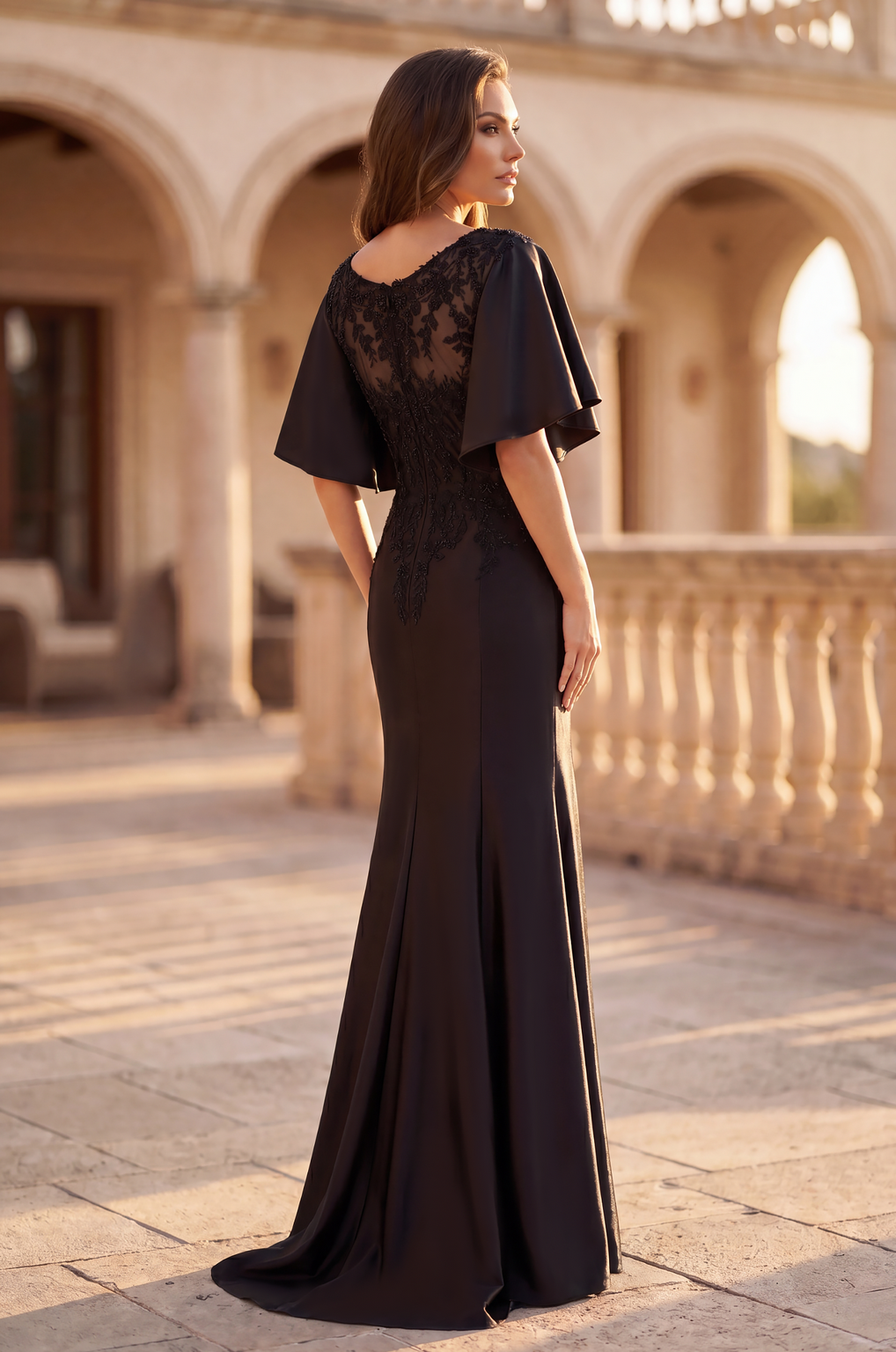 Lace Applique Flutter Sleeve Evening Gown Wholesale