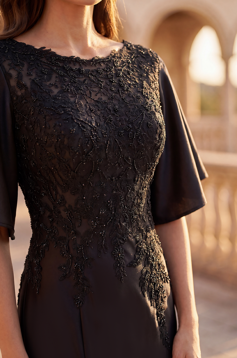 Lace Applique Flutter Sleeve Evening Gown Wholesale