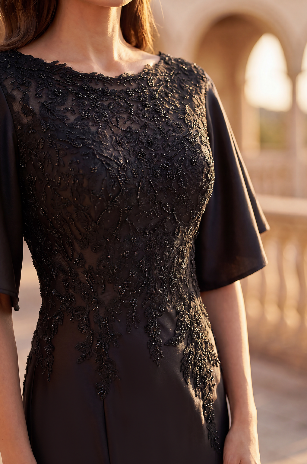 Lace Applique Flutter Sleeve Evening Gown Wholesale