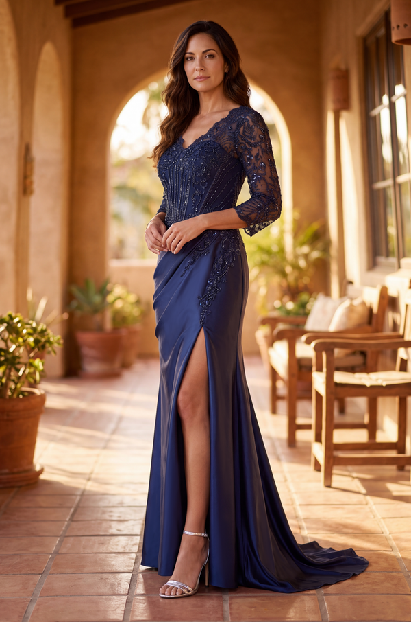 V Neck Beaded Evening Gown Long Sleeve Formal Dress Wholesale