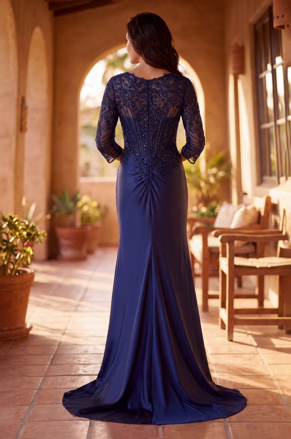 V Neck Beaded Evening Gown Long Sleeve Formal Dress Wholesale