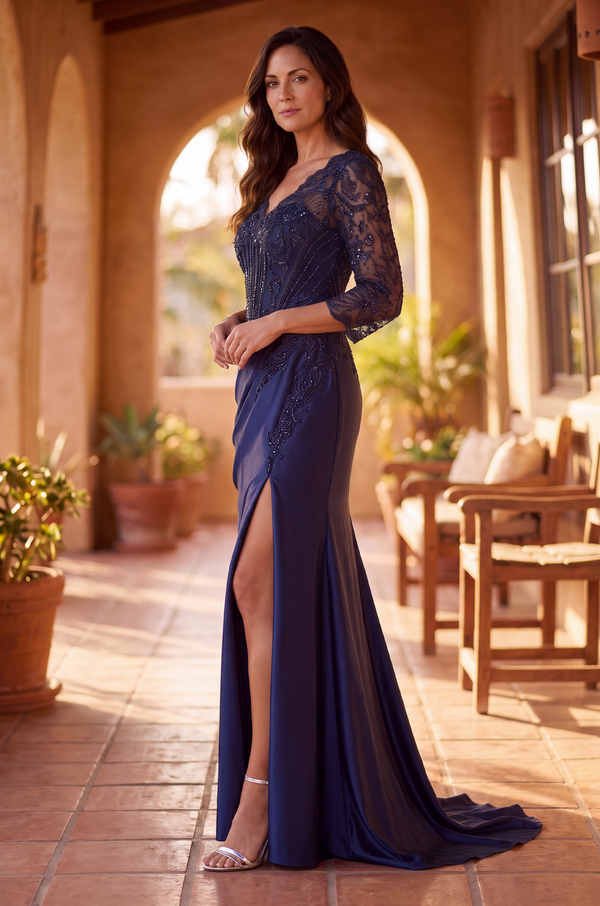 V Neck Beaded Evening Gown Long Sleeve Formal Dress Wholesale