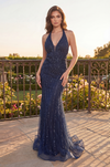 Prom Beaded Halter Neck Sequin Long Evening Dress Navy