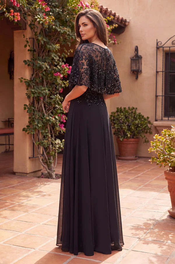 Sequin Lace Cape Sleeve Long Formal Chiffon Evening Gown