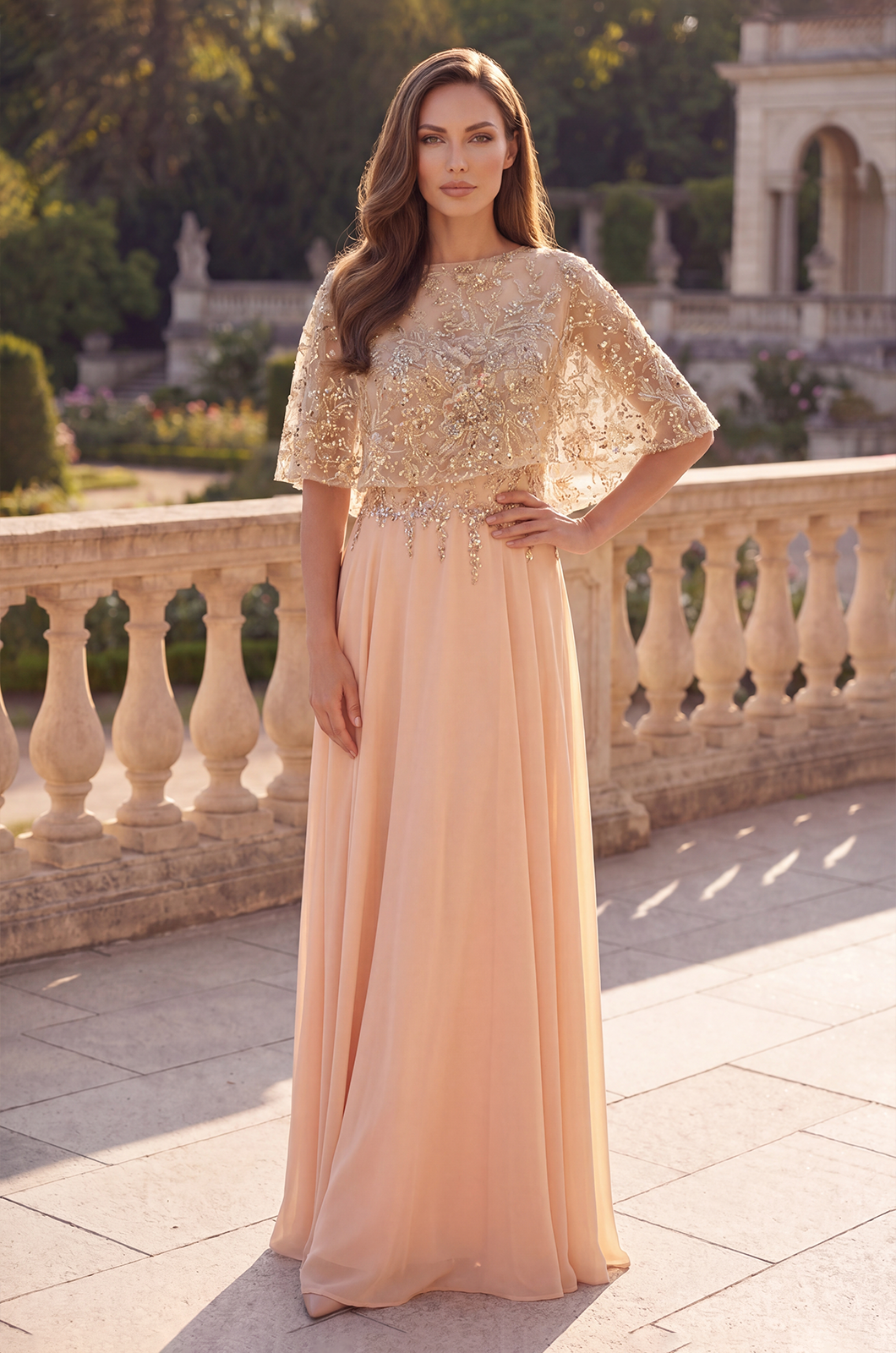 Sequin Lace Cape Sleeve Long Formal Chiffon Evening Gown Gold