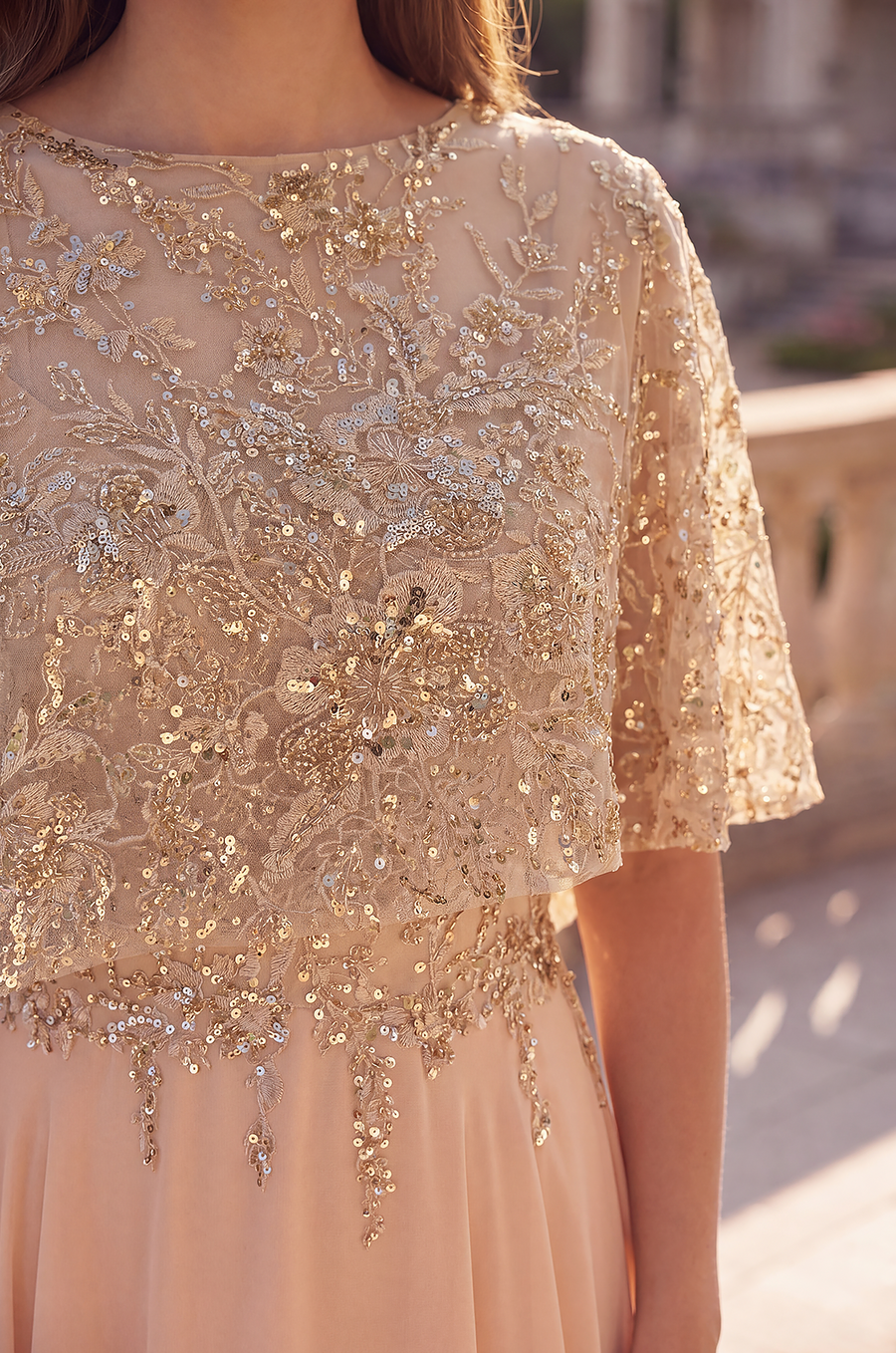 Sequin Lace Cape Sleeve Long Formal Chiffon Evening Gown Gold