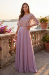 Sequin Lace Cape Sleeve Long Formal Chiffon Evening Gown