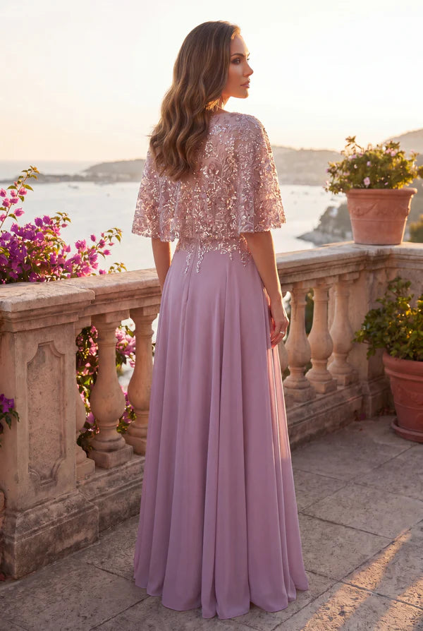 Sequin Lace Cape Sleeve Long Formal Chiffon Evening Gown