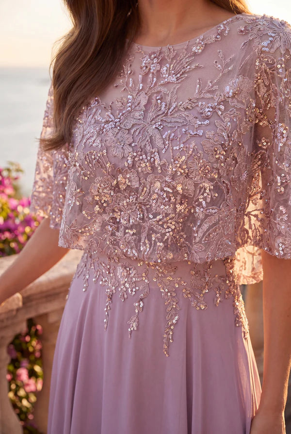 Sequin Lace Cape Sleeve Long Formal Chiffon Evening Gown