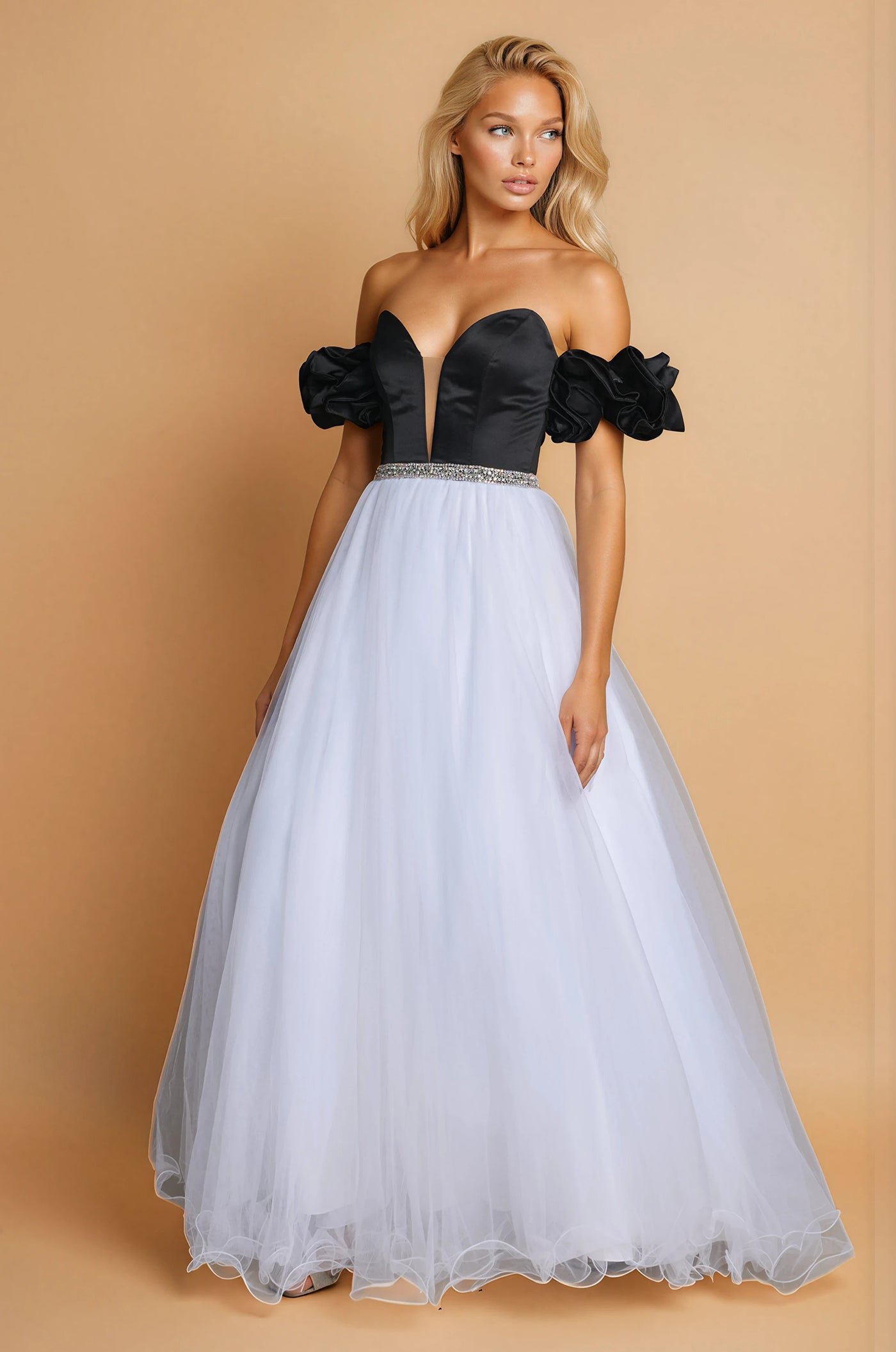 Prom Dresses Long Off Shoulder Ball Gown Prom Dress Black/White