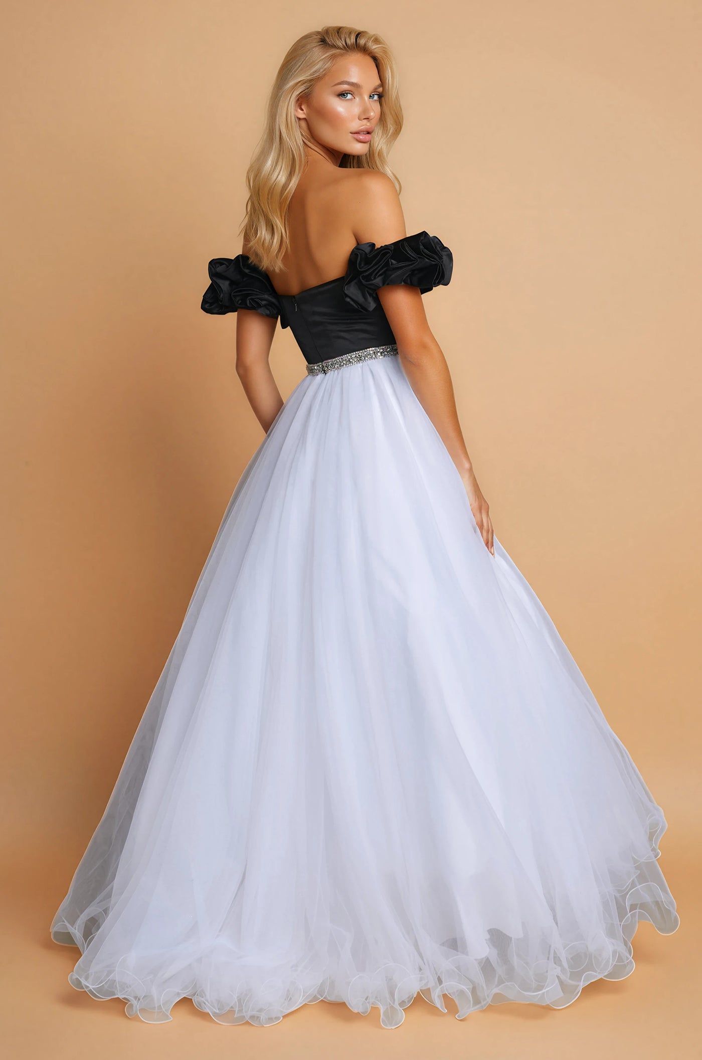 Prom Dresses Long Off Shoulder Ball Gown Prom Dress Black/White