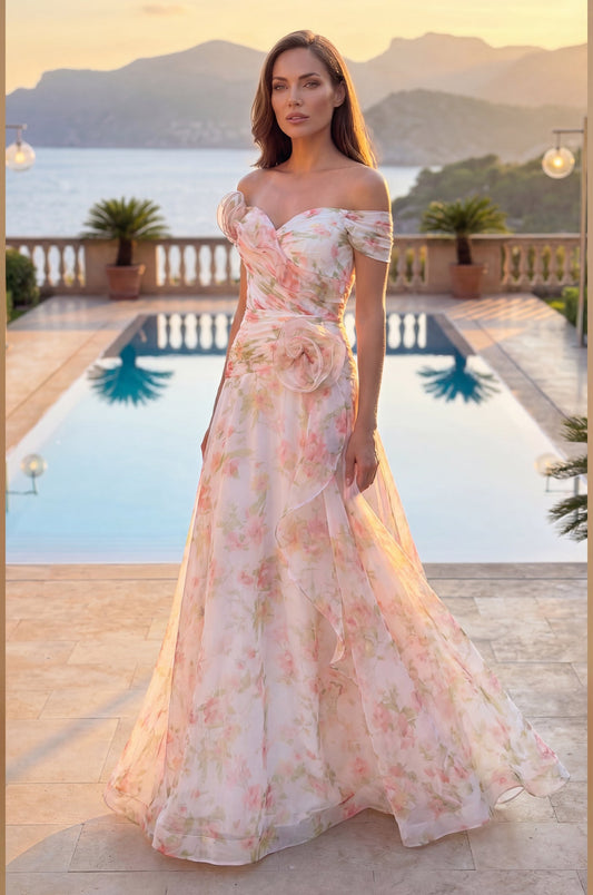 Formal Dresses Long A Line Off Shoulder Formal Floral Evening Gown Print