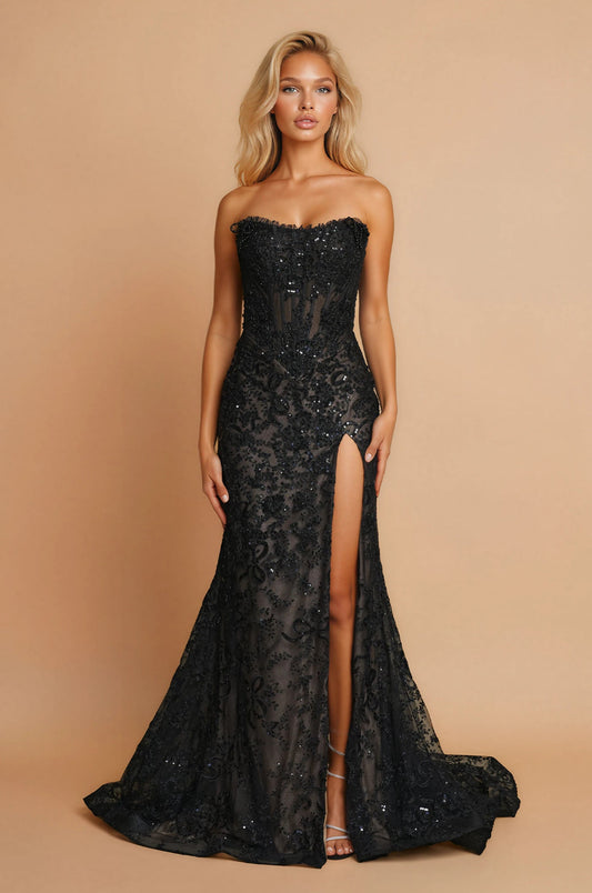 Formal Dresses Beaded Lace Long Fitted Formal Dress Black