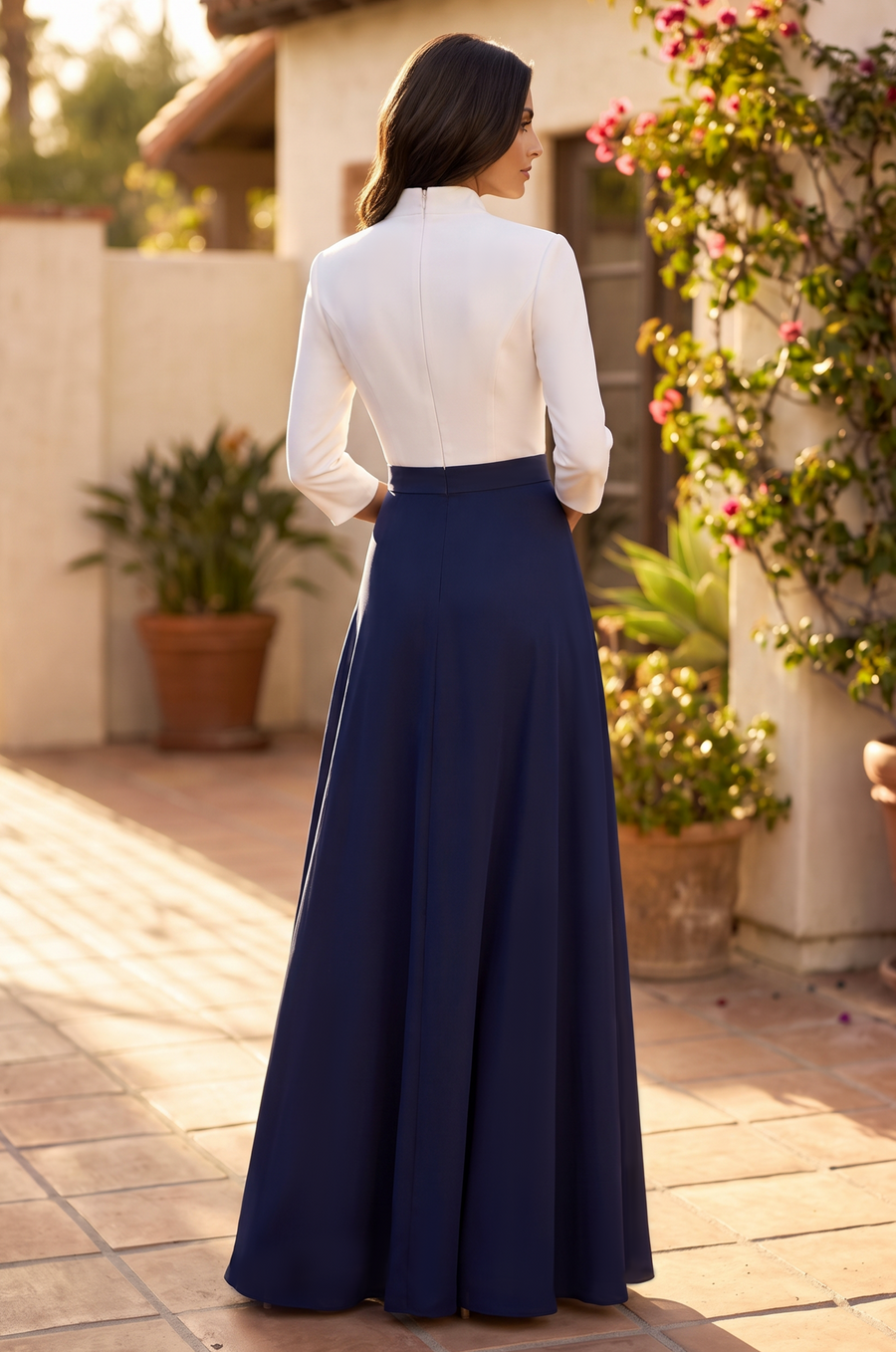 Long Sleeve Formal Two Tone Evening Pocket Dress Wholesale