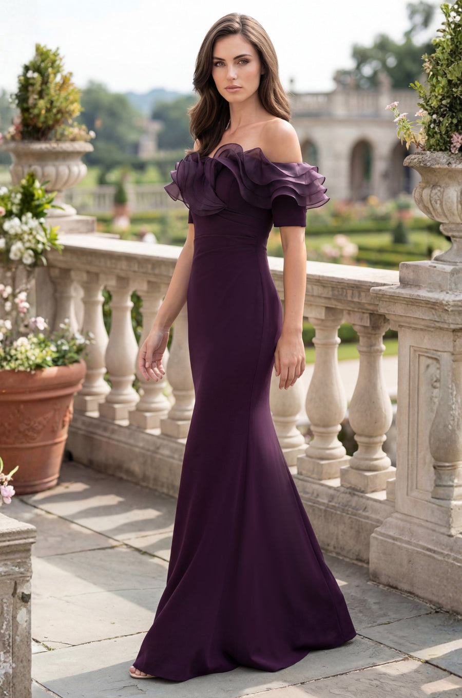 Ruffled Long Off Shoulder Formal Evening Dress Eggplant