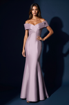 Mikado Long Off Shoulder Formal Criss Cross Bodice Evening Dress