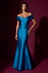 Mikado Long Off Shoulder Formal Criss Cross Bodice Evening Dress