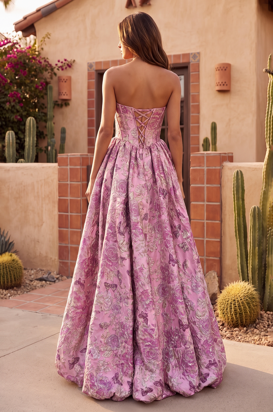 High Low Prom Dress Floral Jacquard Corset Ball Gown Wholesale