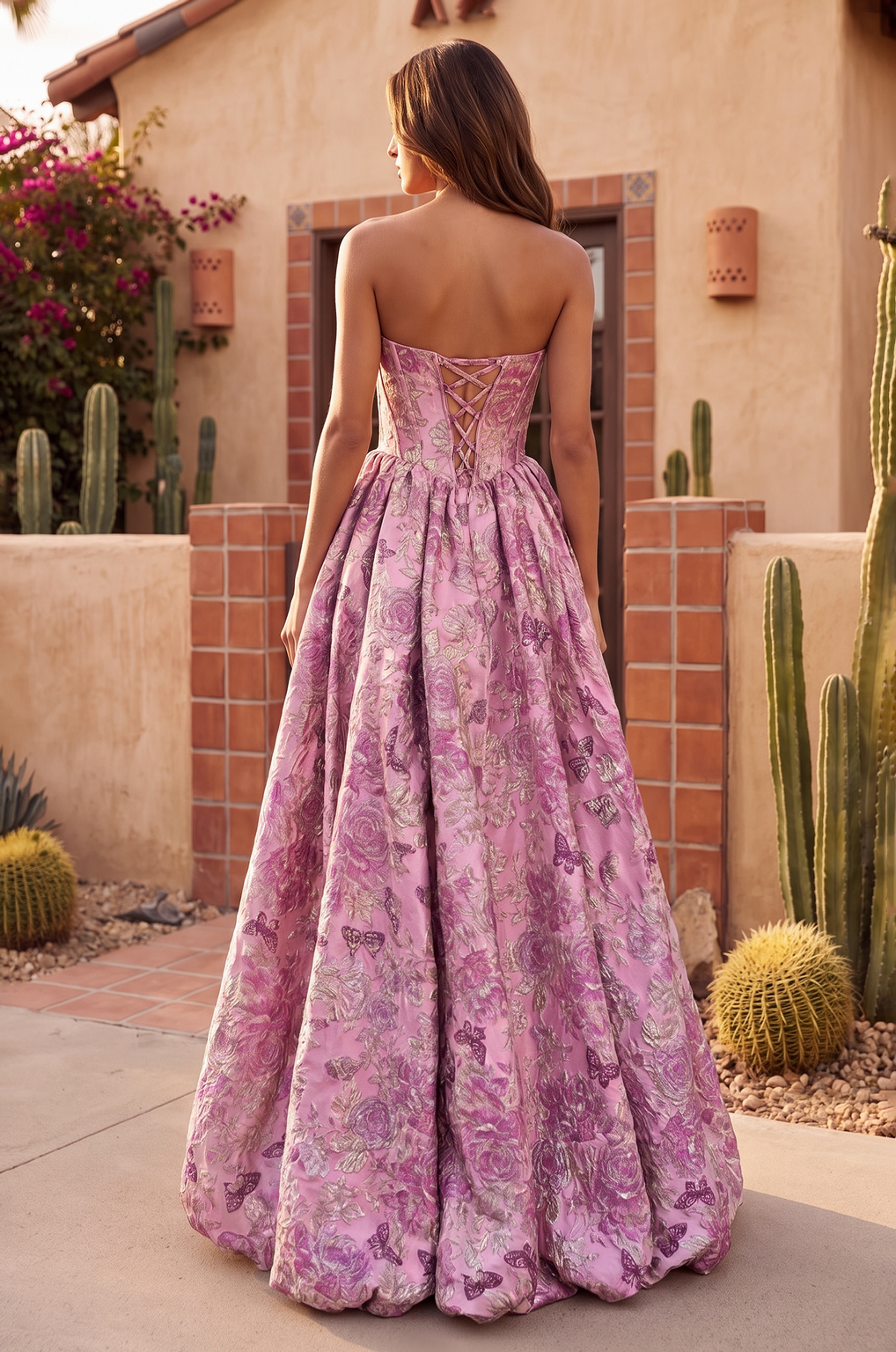 High Low Prom Dress Floral Jacquard Corset Ball Gown Wholesale