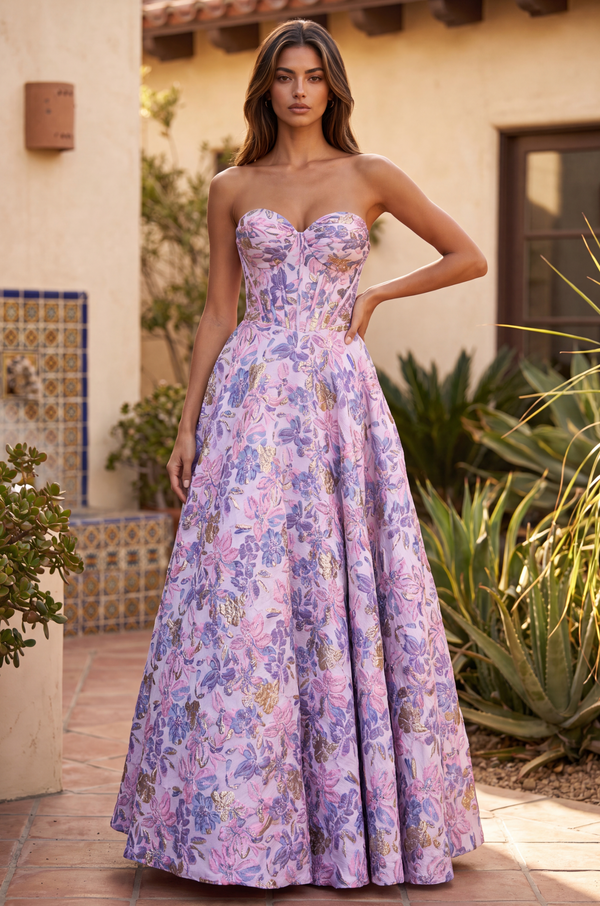 Long Strapless Corset Floral Jacquard Ball Gown Wholesale