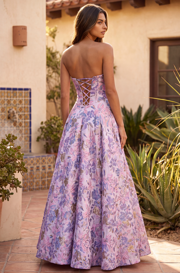 Long Strapless Corset Floral Jacquard Ball Gown Wholesale