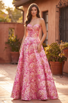 Prom Dresses Long Strapless Corset Floral Jacquard Ball Gown Pink 
