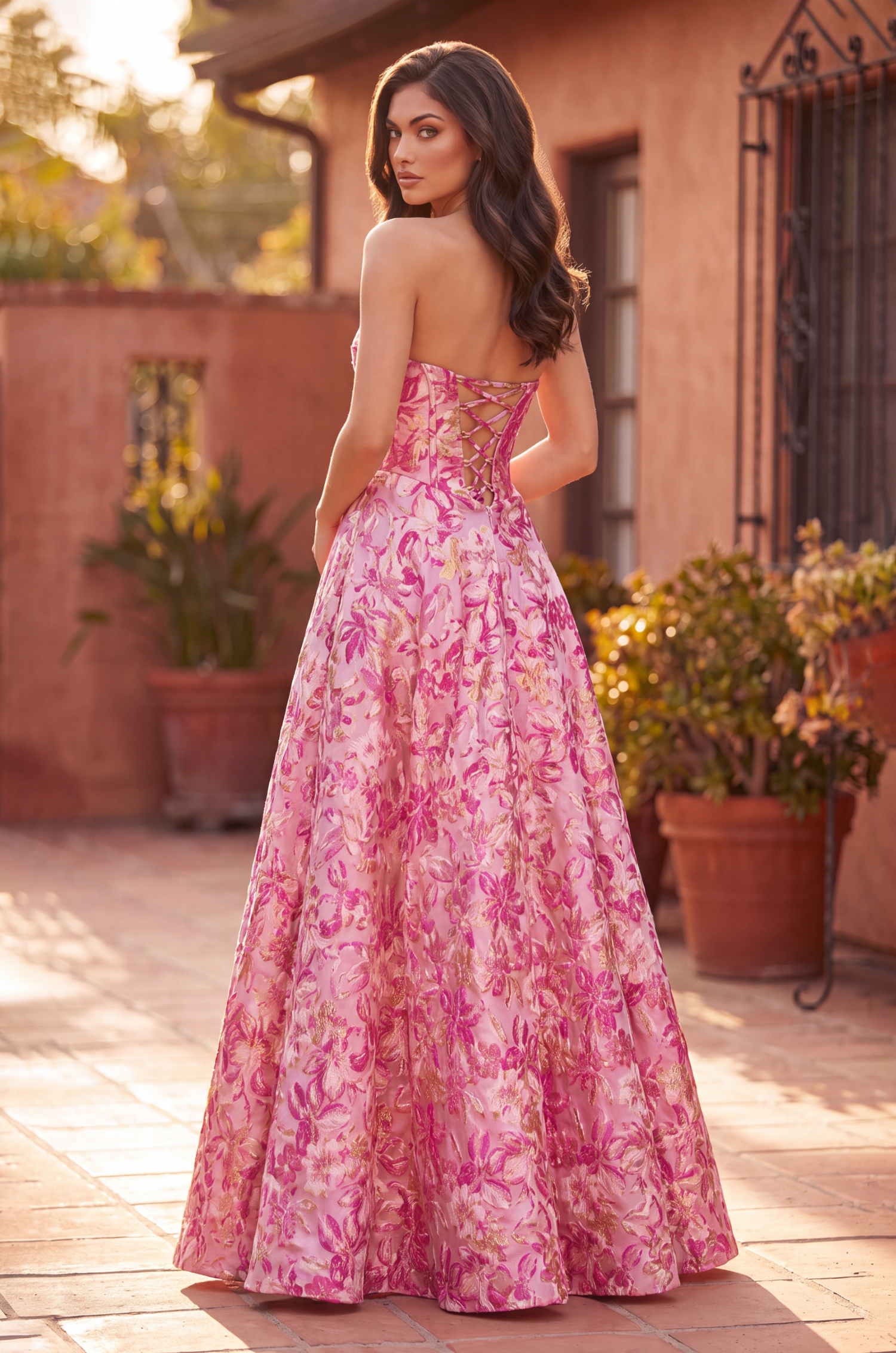 Prom Dresses Long Strapless Corset Floral Jacquard Ball Gown Pink 