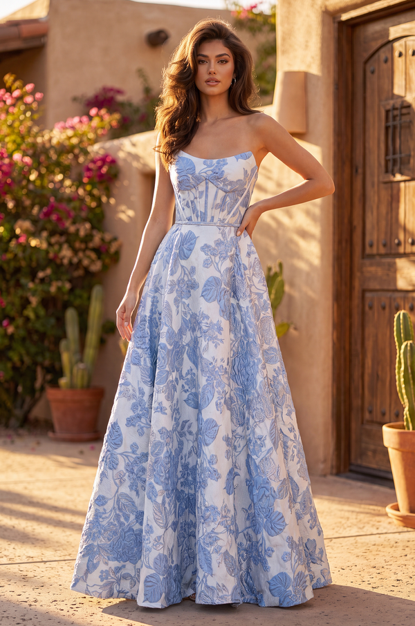 Long Floral Jacquard Prom Dress Strapless Ball Gown Wholesale