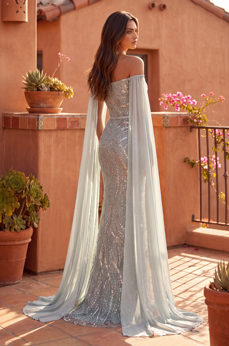 Formal Dresses Long Formal Sequined Fitted Cape Sleeve Dress Sage
