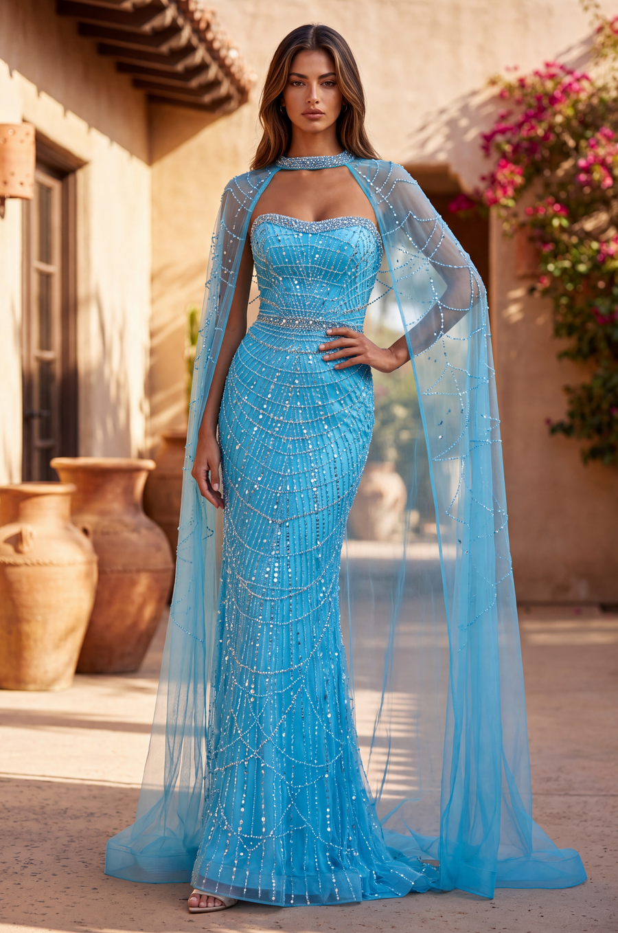 Luxe Fully Embellished Cape Dress with Sweetheart Neckline Rhinestones and Pearl Details Wholesale